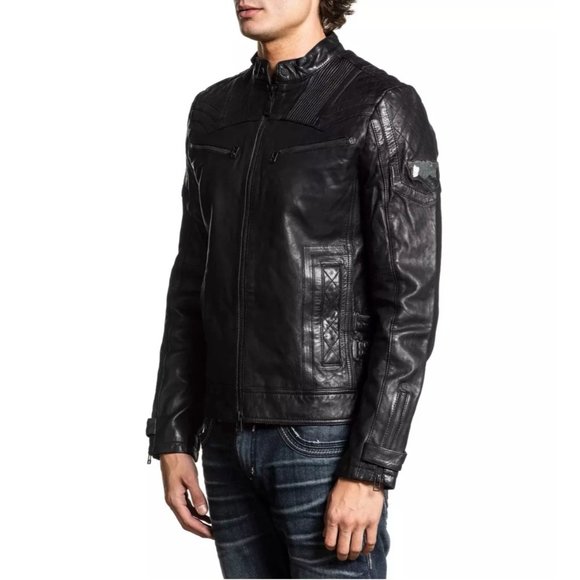 AFFLICTION Leather ON FIRE Men's JACKET Black Bike - Picture 6 of 7